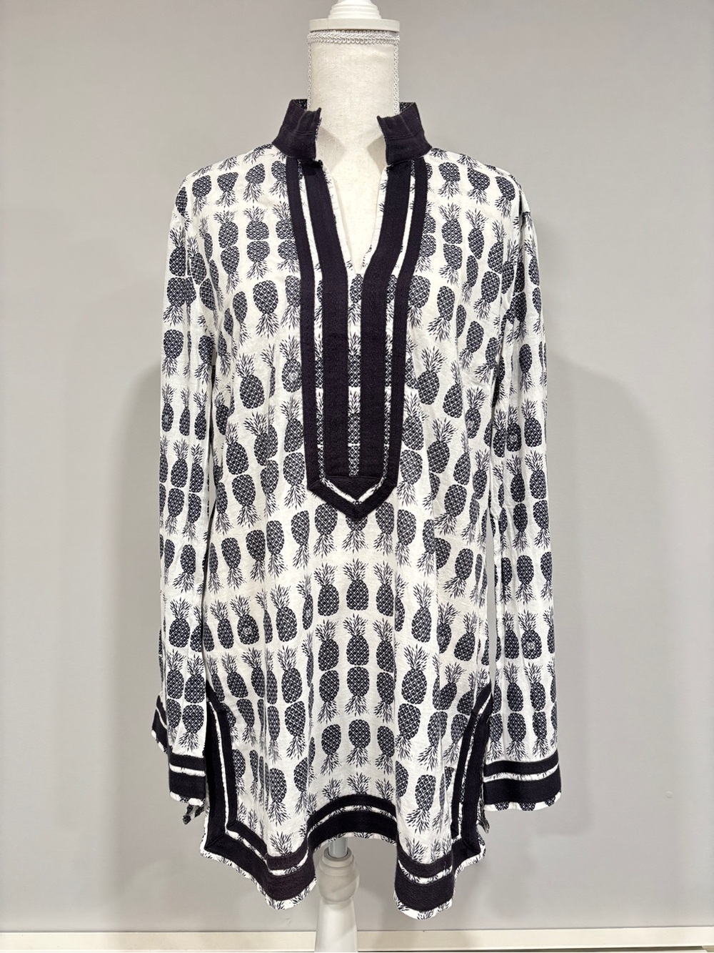 Tory Butch Navy & White Pineapple Print Cotton Women's Tunic Top Size 14